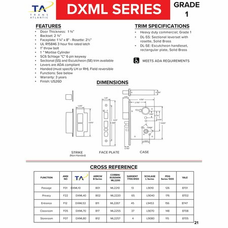 Trans Atlantic Co. Right Hnd Gr. 1 Commercial Hvy Dty Mortise Lock in Satin Chrome-Passage Function w/ Sectional Lever DL-DXML10SSRH-US26D